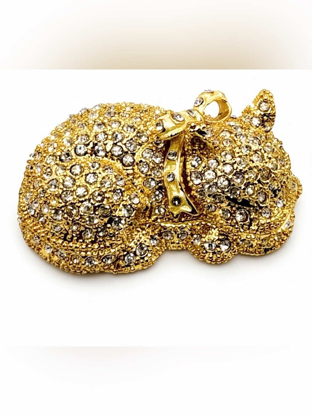 Gold Rhinestone Sleeping Cat Trinket Box Enamel Pill Box Vanity Decor
